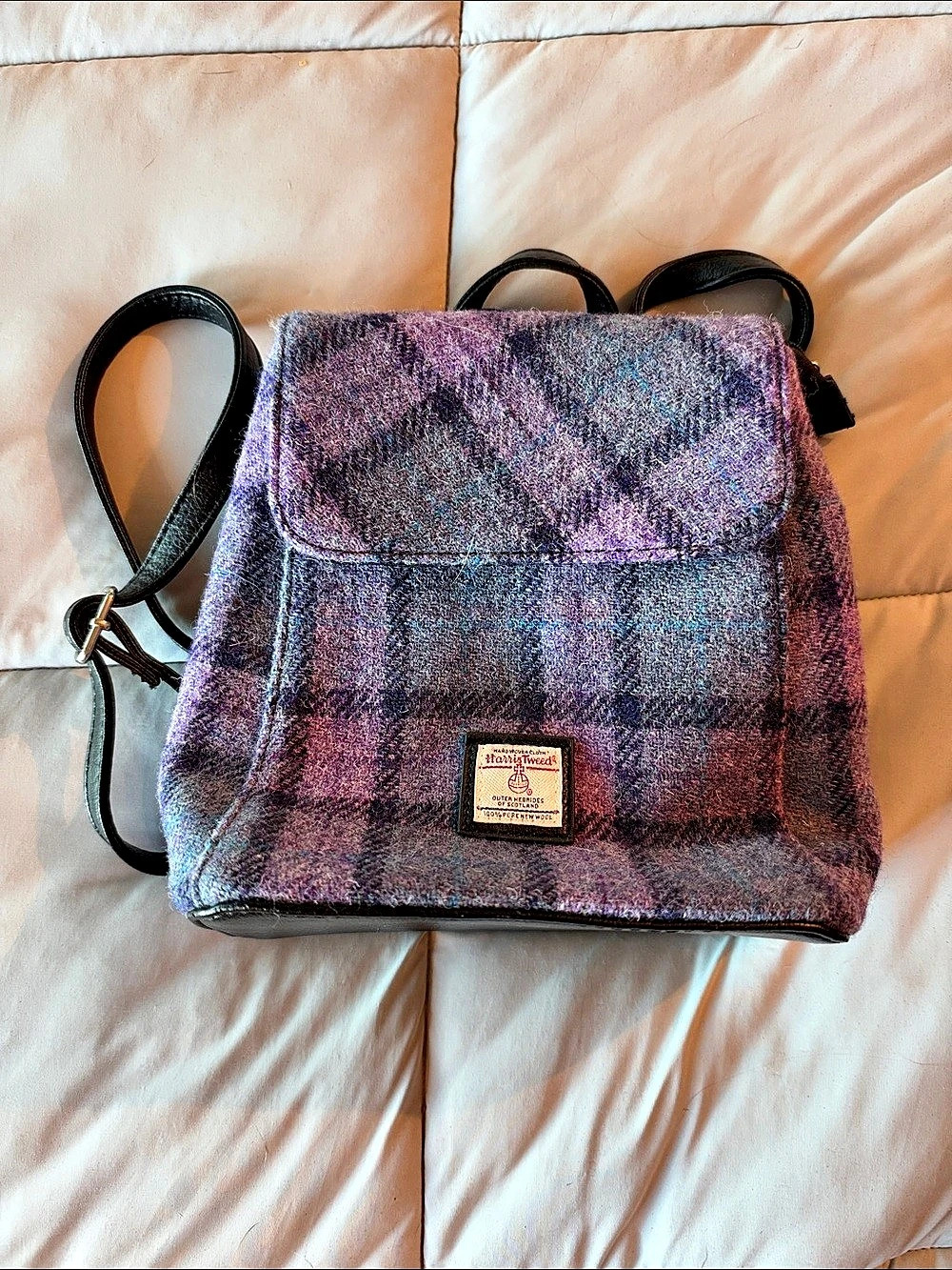 Harris Tweed Plaid Backpack in Purple & Black